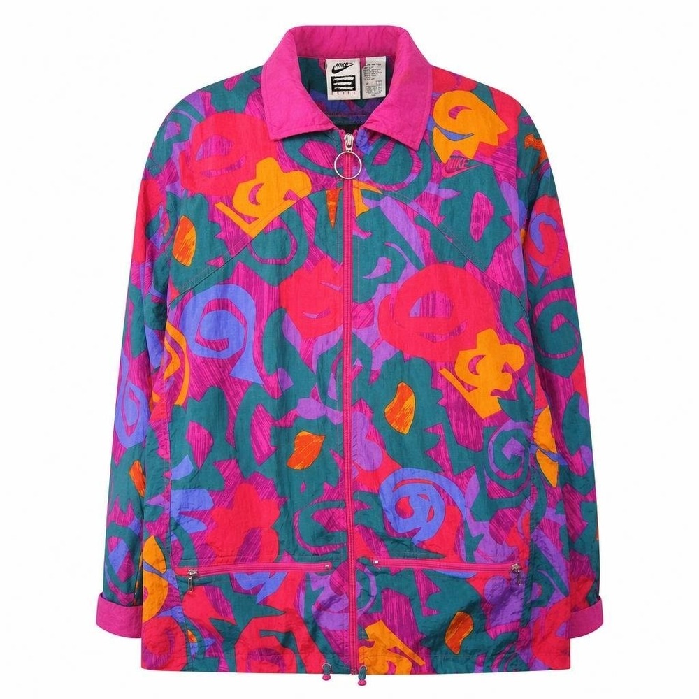 VTG Nike Elite Track Jacket Womens M Abstract Windbreaker Floral 90s Pink Nylon